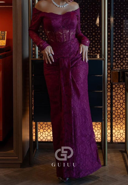 Raspberry Long Sleeves Off-Shoulder Lace Evening Dress
