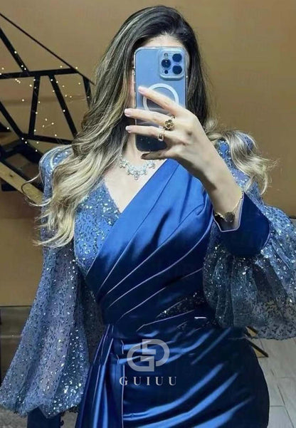 Long Sleeves V-Neck Sequins Ruched Sweep Train Evening Formal Dress