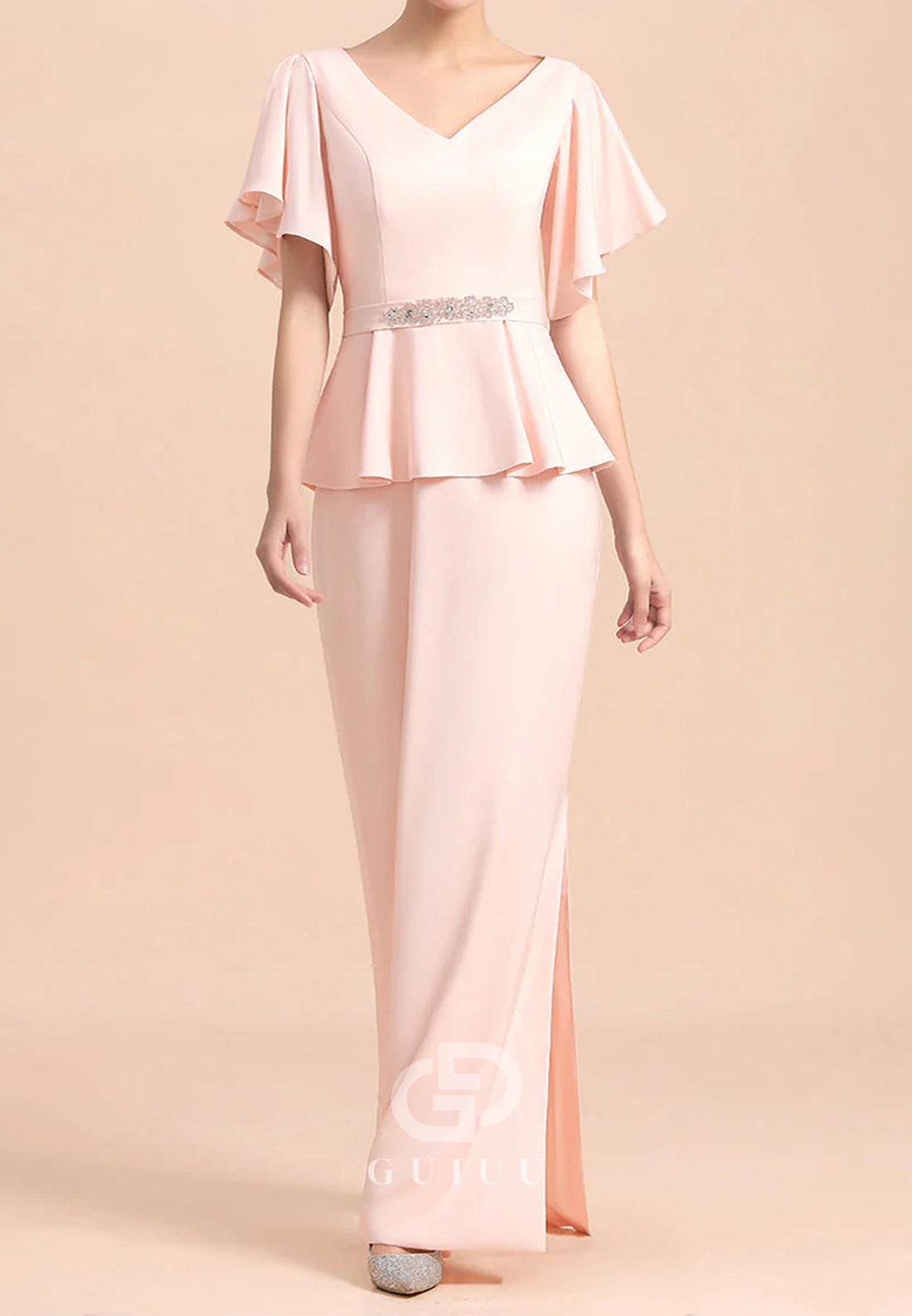 Blushing Pink Short Sleeves V-Neck Empire-Waist Mother of the Bride Dress