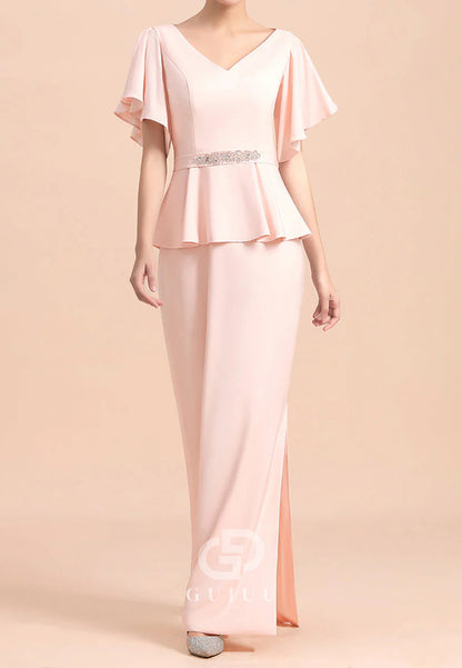 Blushing Pink Short Sleeves V-Neck Empire-Waist Mother of the Bride Dress
