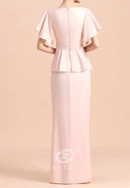 Blushing Pink Short Sleeves V-Neck Empire-Waist Mother of the Bride Dress