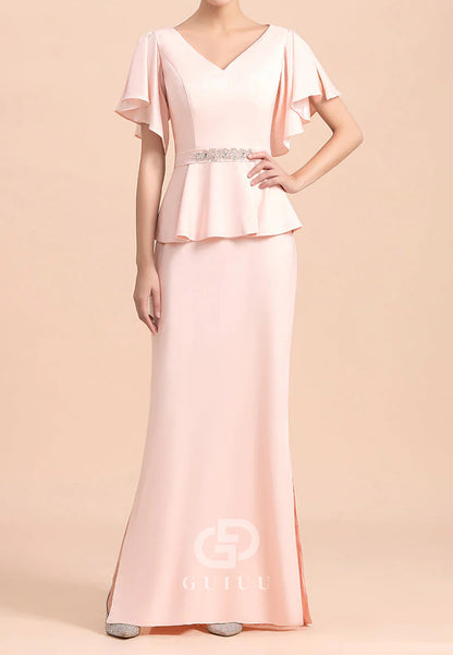 Blushing Pink Short Sleeves V-Neck Empire-Waist Mother of the Bride Dress