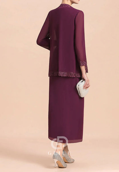 Mulberry Long Sleeves V-Neck Appliques Chiffon Mother of the Bride Dress