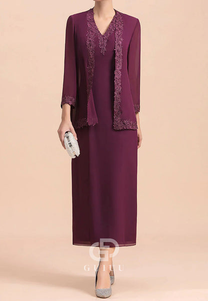 Mulberry Long Sleeves V-Neck Appliques Chiffon Mother of the Bride Dress