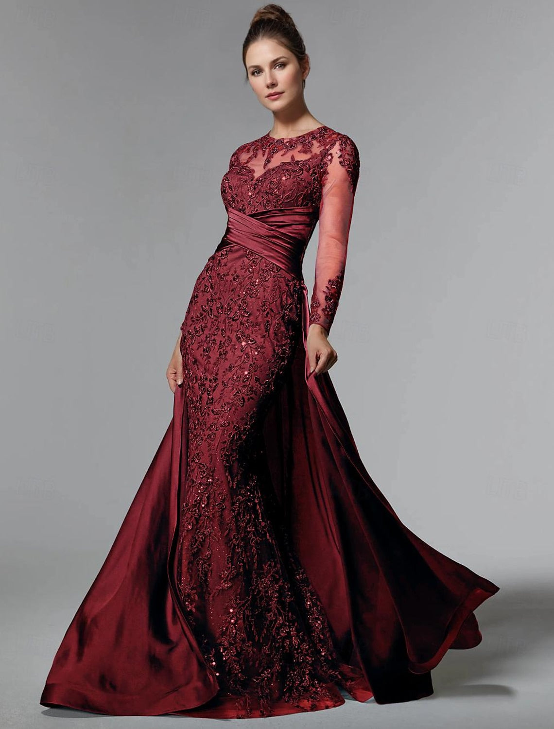 GM055 - Mermaid Long Sleeves Sweep Brush Train Appliques Stain Pleated Mother of the Bride Dress Formal Wedding Guest Gown