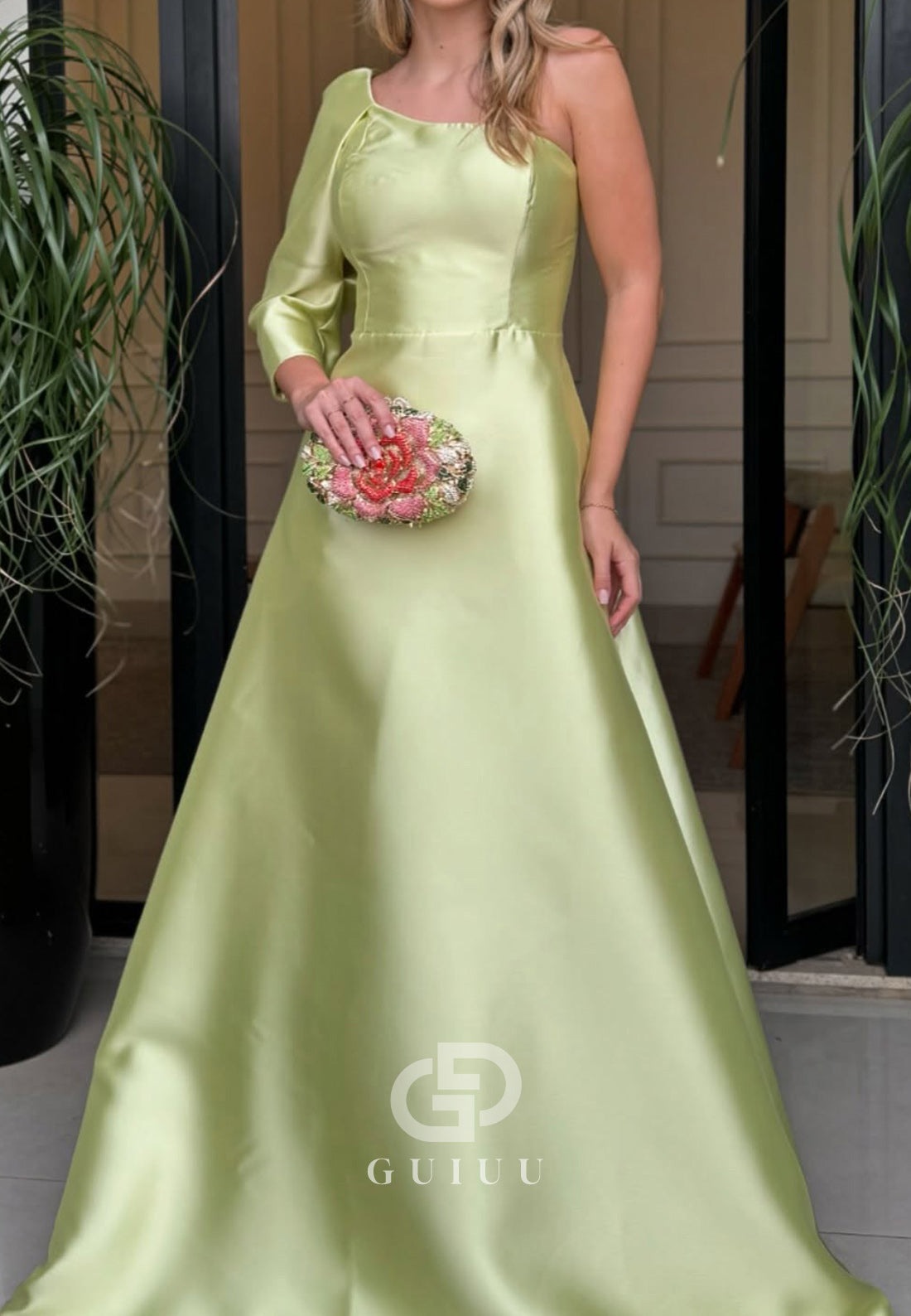 One Shoulder Long Sleeves A-Line Satin Mother of the Bride Dress