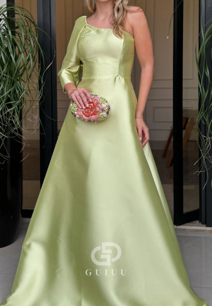 One Shoulder Long Sleeves A-Line Satin Mother of the Bride Dress