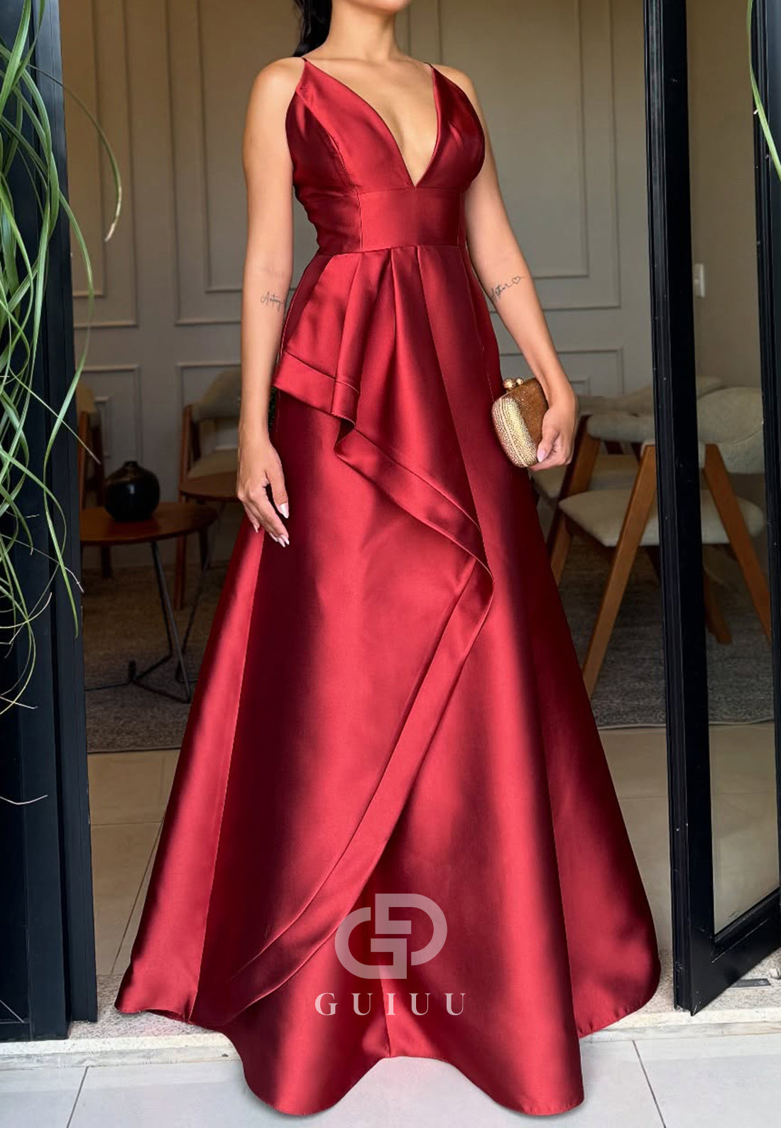 Deep V-Neck Spaghetti Straps A-Line Evening Dress