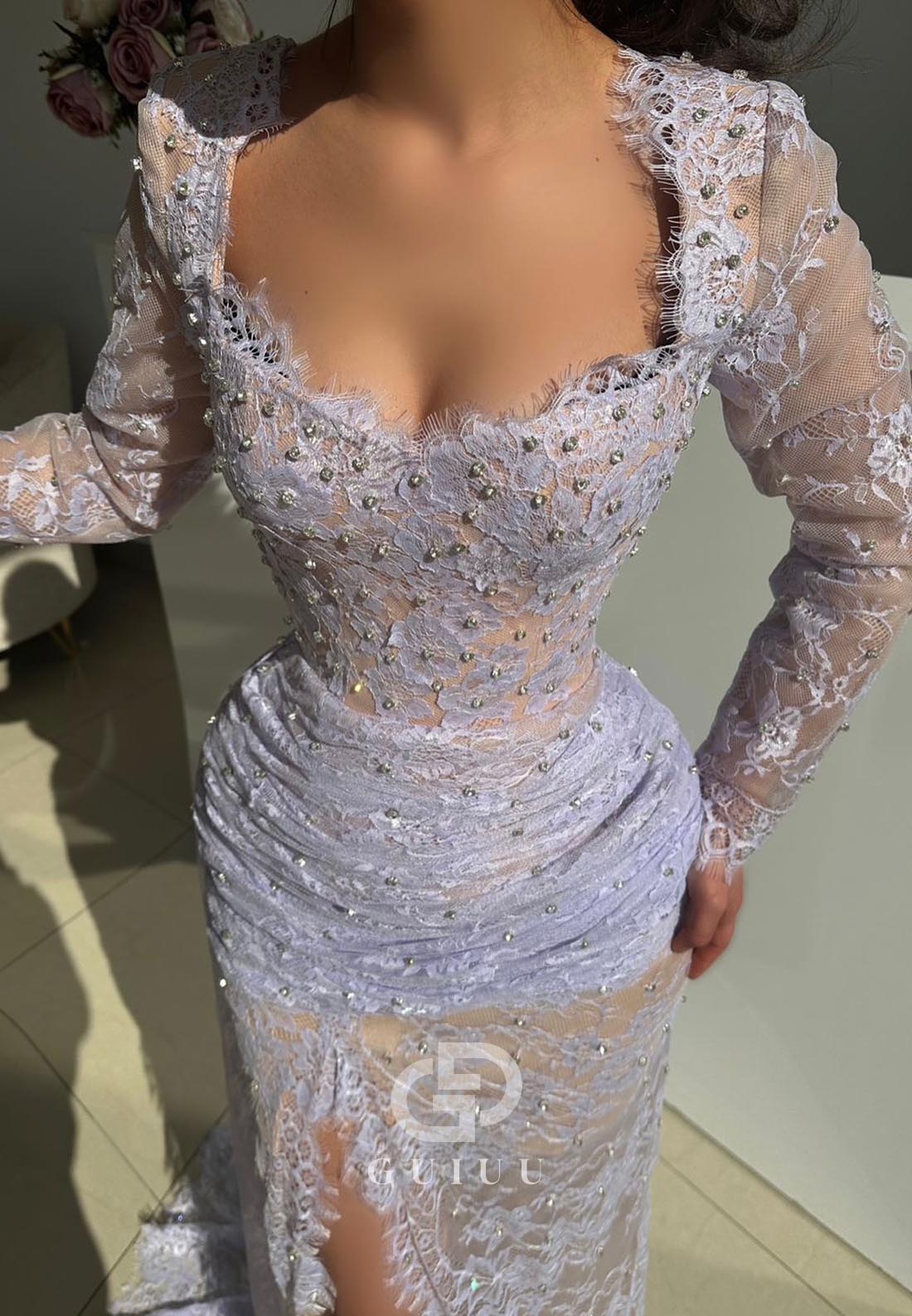 Lilac Long Sleeves Sweetheart Corsert Lace Evening Dress