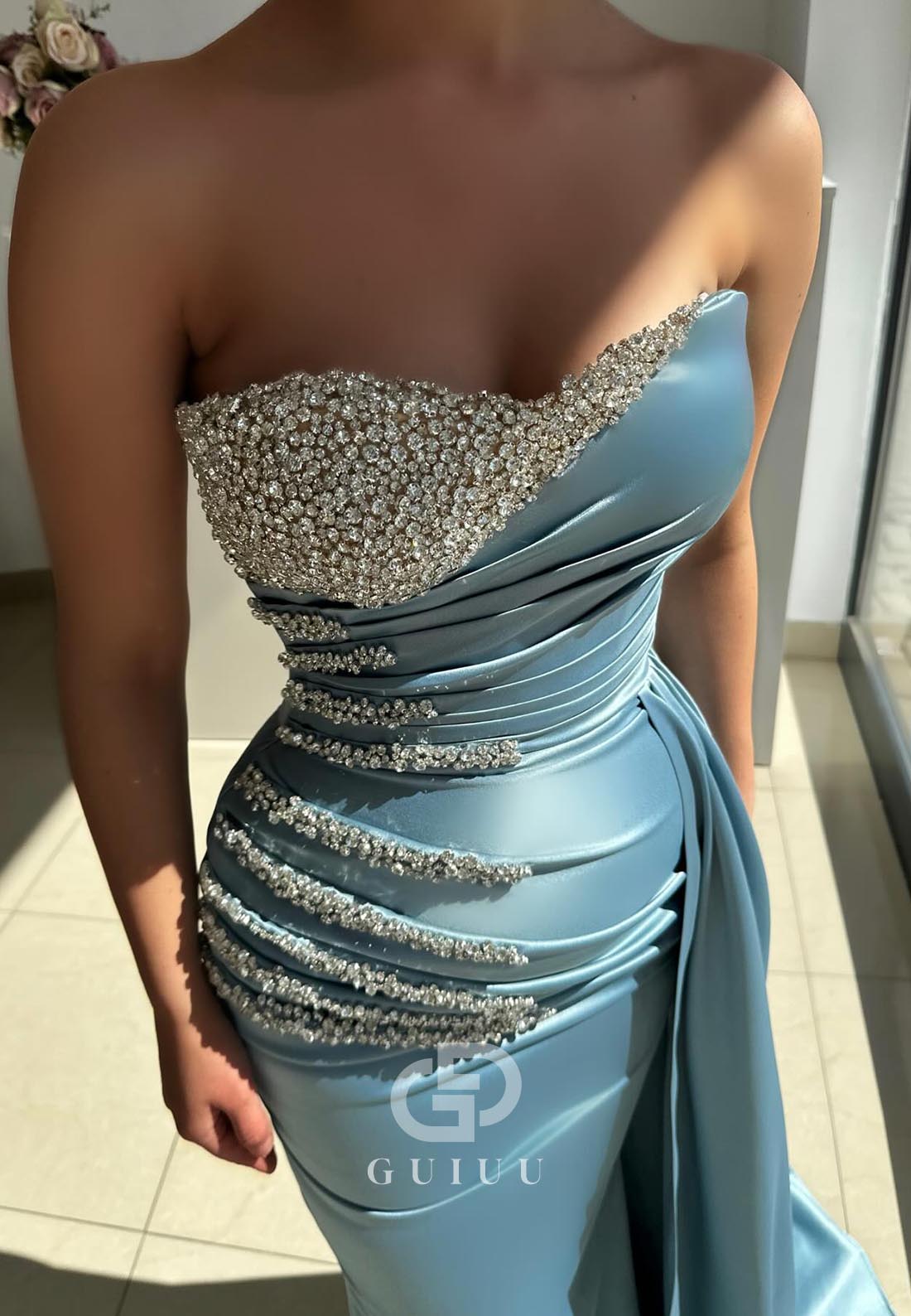 Sky Blue Sheath Strapless Sleeveless Beads Evening Dress