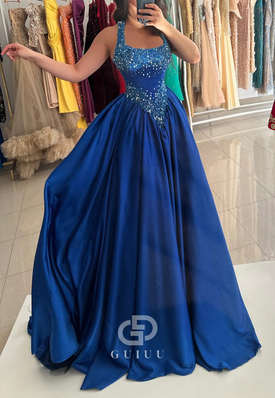 Royal Blue Spaghetti Straps Scoop Sequins Empire-Waist Prom Dress