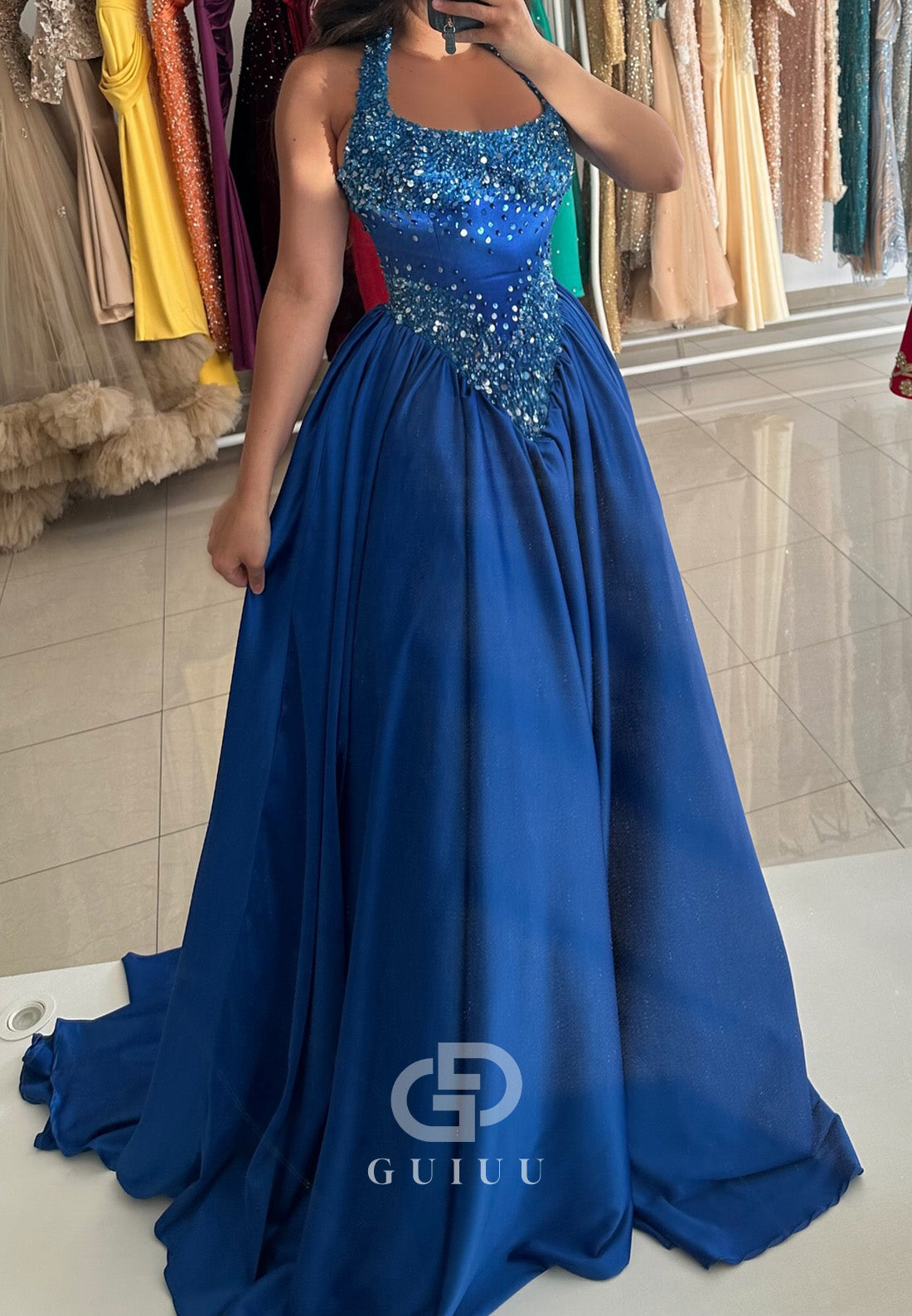 Royal Blue Spaghetti Straps Scoop Sequins Empire-Waist Prom Dress