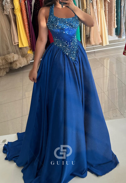 Royal Blue Spaghetti Straps Scoop Sequins Empire-Waist Prom Dress