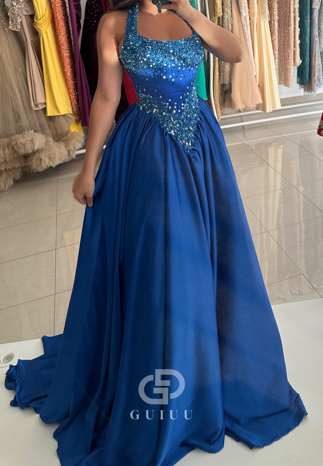 Royal Blue Spaghetti Straps Scoop Sequins Empire-Waist Prom Dress