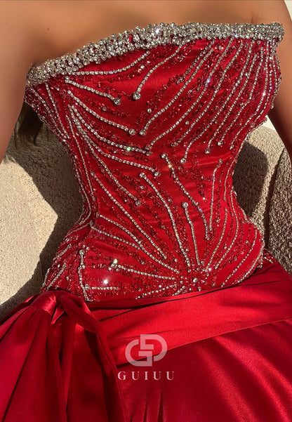 Red Sleeveless Strapless Sequins Mermaid Prom Dress