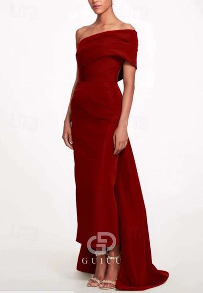 One Shoulder Cap Sleeve Ruched Floor-Length Evening Dress