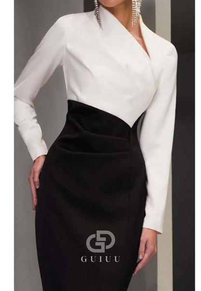 Long Sleeves Sheath Empire-Waist Ruched Slit Evening Dress