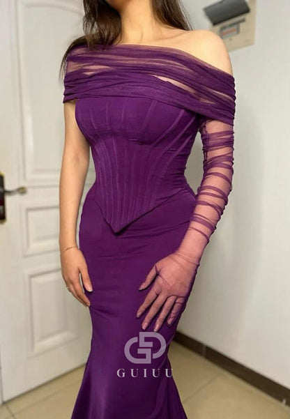 Grape One Shoulder Long Sleeves Ruched Mermaid Evening Dress