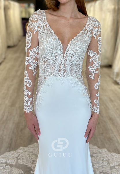 Long Sleeves V-Neck Corset Tulle Wedding Dress