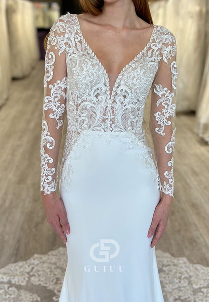 Long Sleeves V-Neck Corset Tulle Wedding Dress