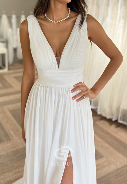 Simple Long Sleeves V-Neck Slit Chiffon Wedding Dress