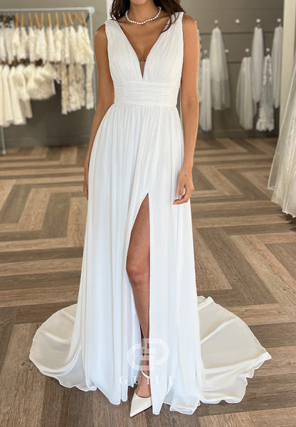 Simple Long Sleeves V-Neck Slit Chiffon Wedding Dress