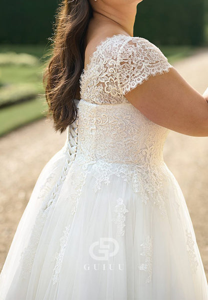 Short Sleeves Scoop Appliques Lace Wedding Dress
