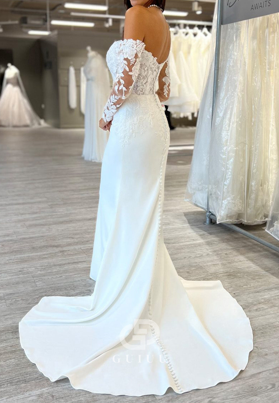 Long Sleeves Off-Shoulder Corset Tulle Mermaid Wedding Dress