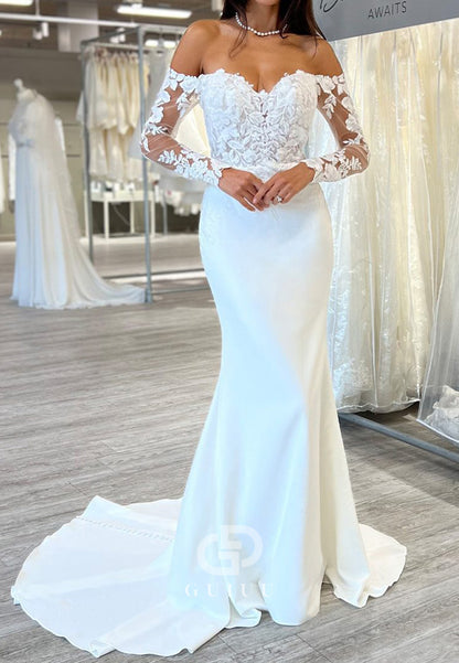 Long Sleeves Off-Shoulder Corset Tulle Mermaid Wedding Dress