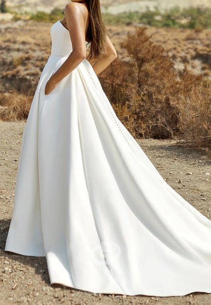 Simple A-Line Strapless Sleeveless Sweep Train Wedding Dress