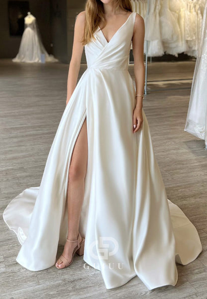 Spaghetti Straps V-Neck Empire-Waist Satin Wedding Dress