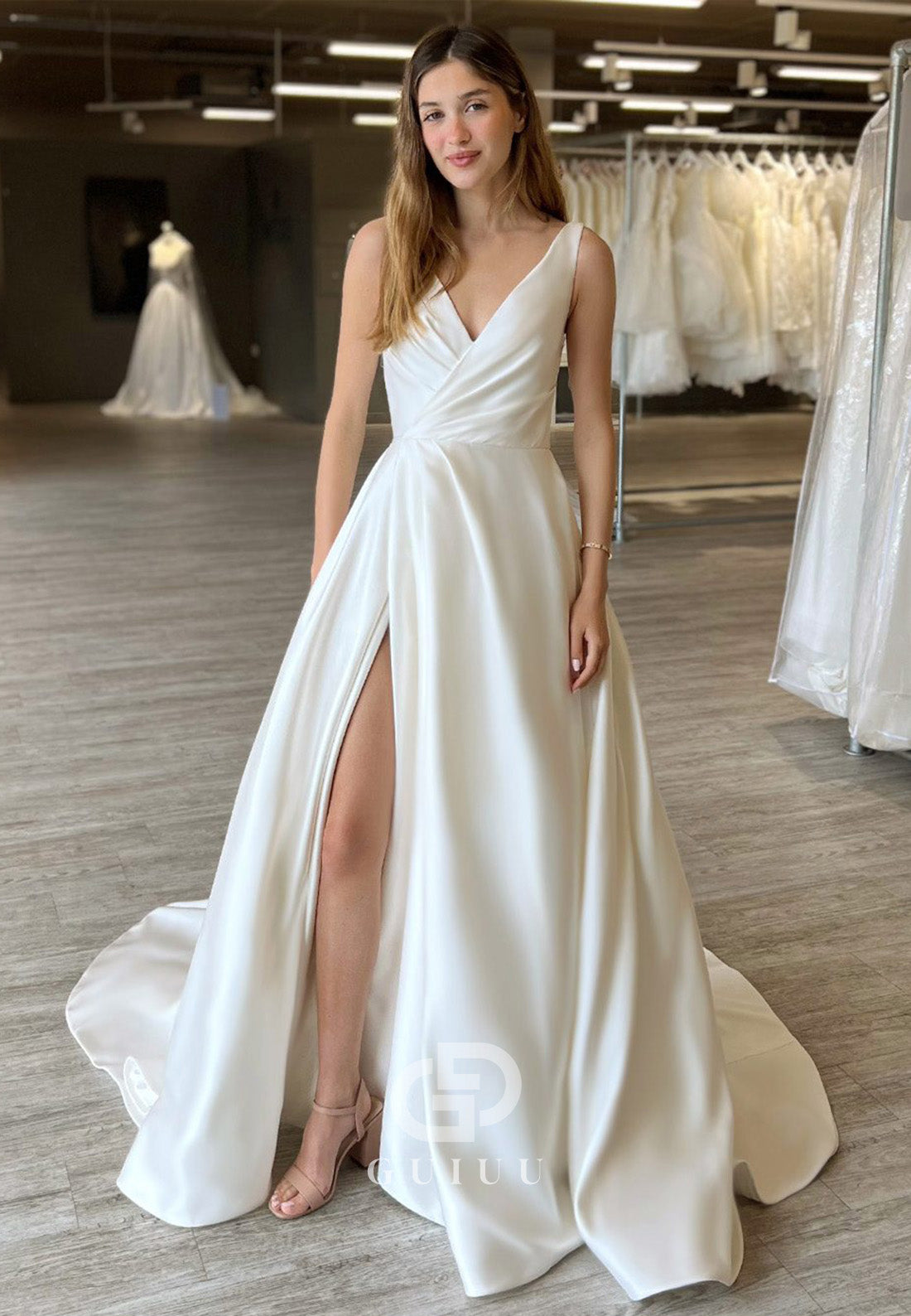 Simple Spaghetti Straps V-Neck A-Line Wedding Dress