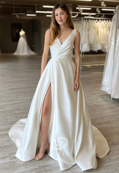 Simple Spaghetti Straps V-Neck A-Line Wedding Dress