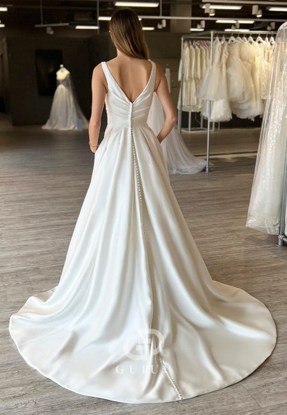 Spaghetti Straps V-Neck Empire-Waist Satin Wedding Dress