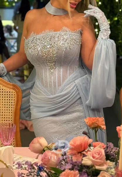 Sky Blue Long Sleeves Off-Shoulder Slit Corset Lace Prom Dress