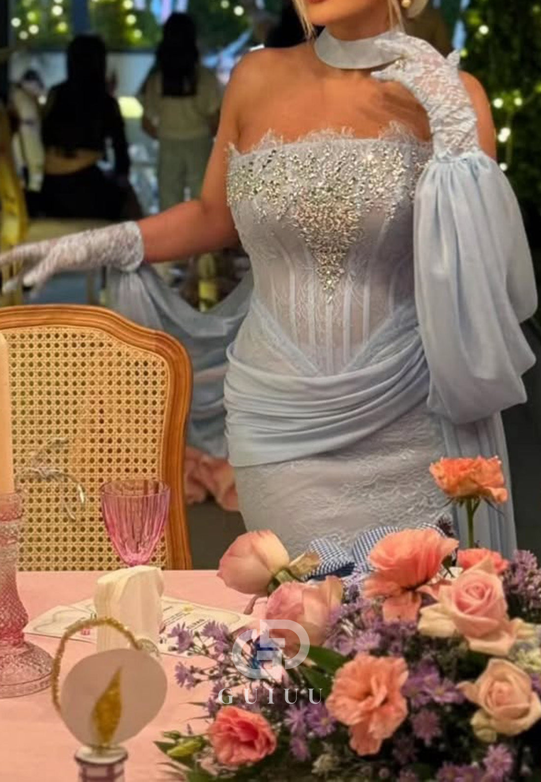 Sky Blue Long Sleeves Off-Shoulder Slit Corset Lace Prom Dress