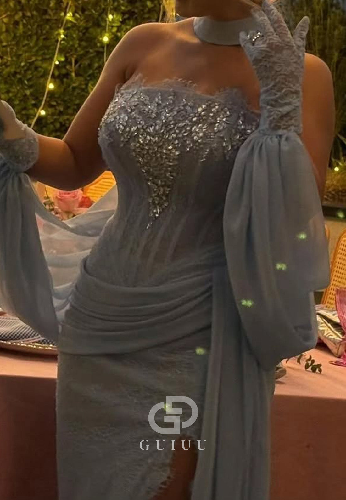 Sky Blue Long Sleeves Off-Shoulder Slit Corset Lace Prom Dress