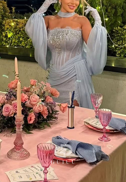 Sky Blue Long Sleeves Off-Shoulder Slit Corset Lace Prom Dress