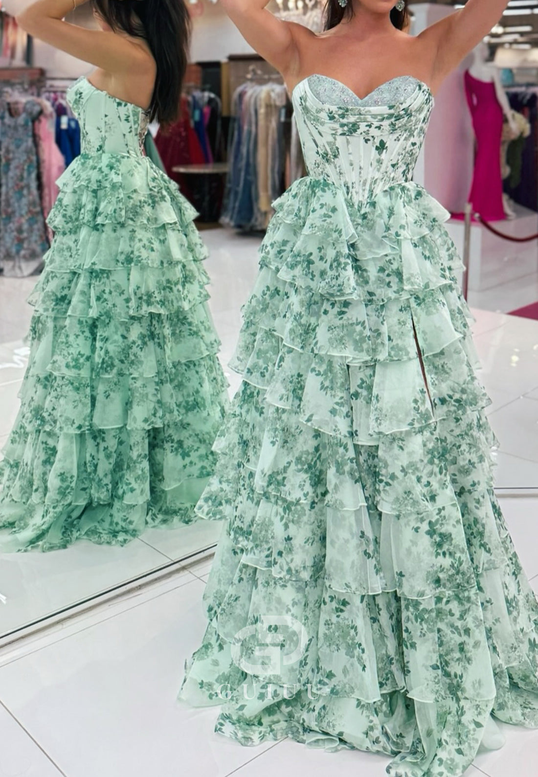 Elegant A-Line Spaghetti Straps Sweetheart Ruffles Prom Dress