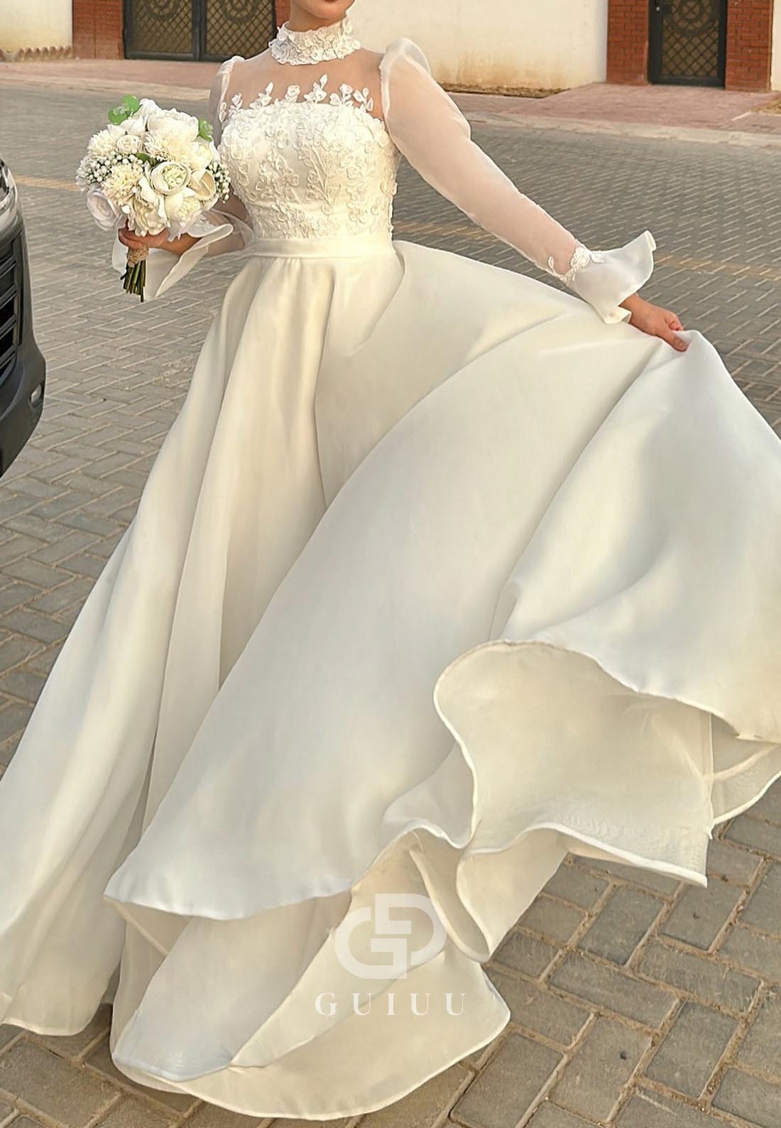 Long Sleeves High Neck Empire-Waist Lace Wedding Dress