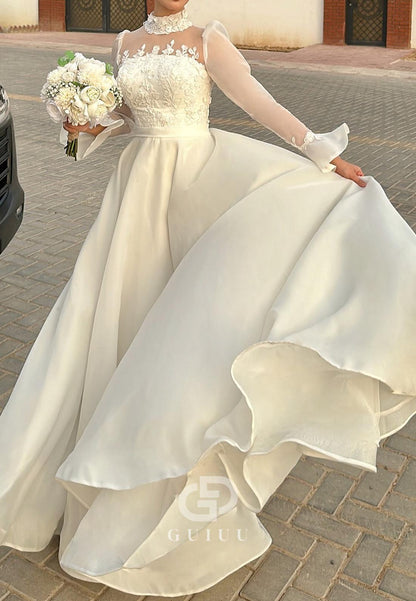 Long Sleeves High Neck Empire-Waist Lace Wedding Dress