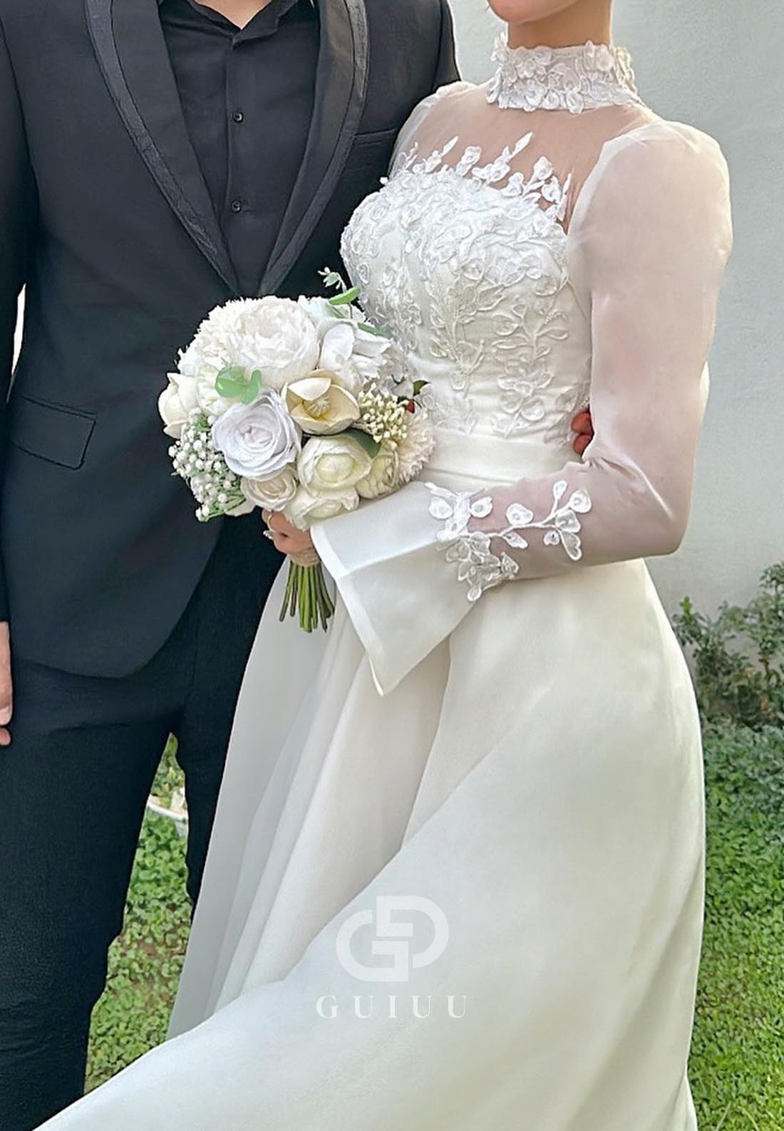 Long Sleeves High Neck Empire-Waist Lace Wedding Dress