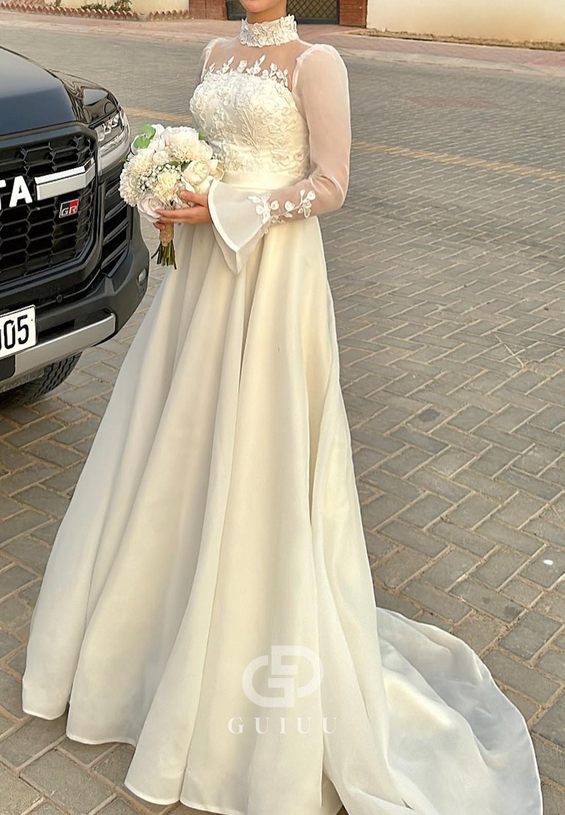 Long Sleeves High Neck Empire-Waist Lace Wedding Dress