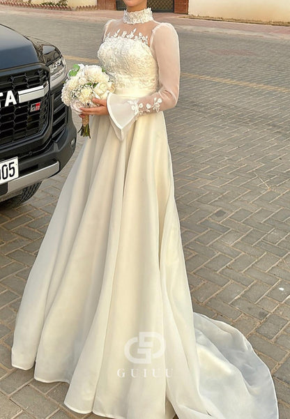 Long Sleeves High Neck Empire-Waist Lace Wedding Dress