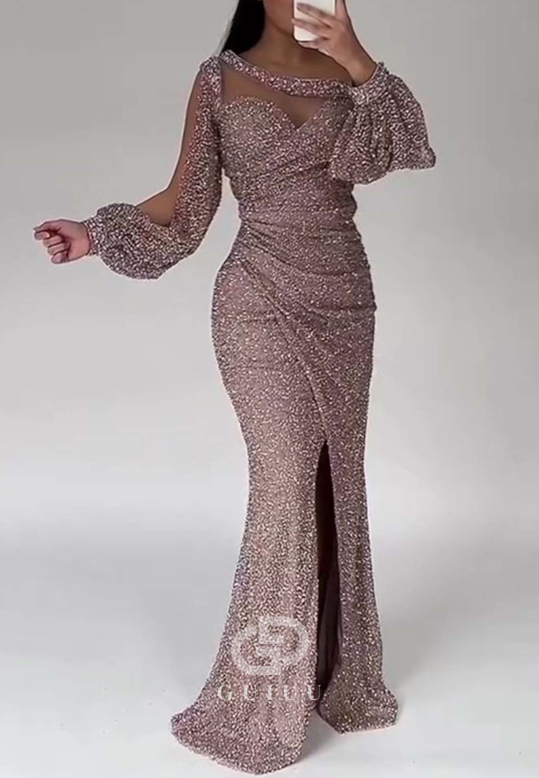 Asymmmetrical Long Sleeves Slit Sequins Floor-Length Evening Dress