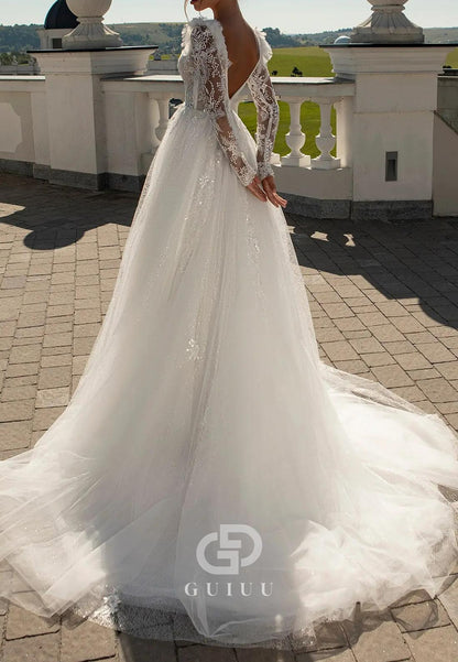 Gorgeous Long Sleeves V-Neck Corset Backless Lace Wedding Dress