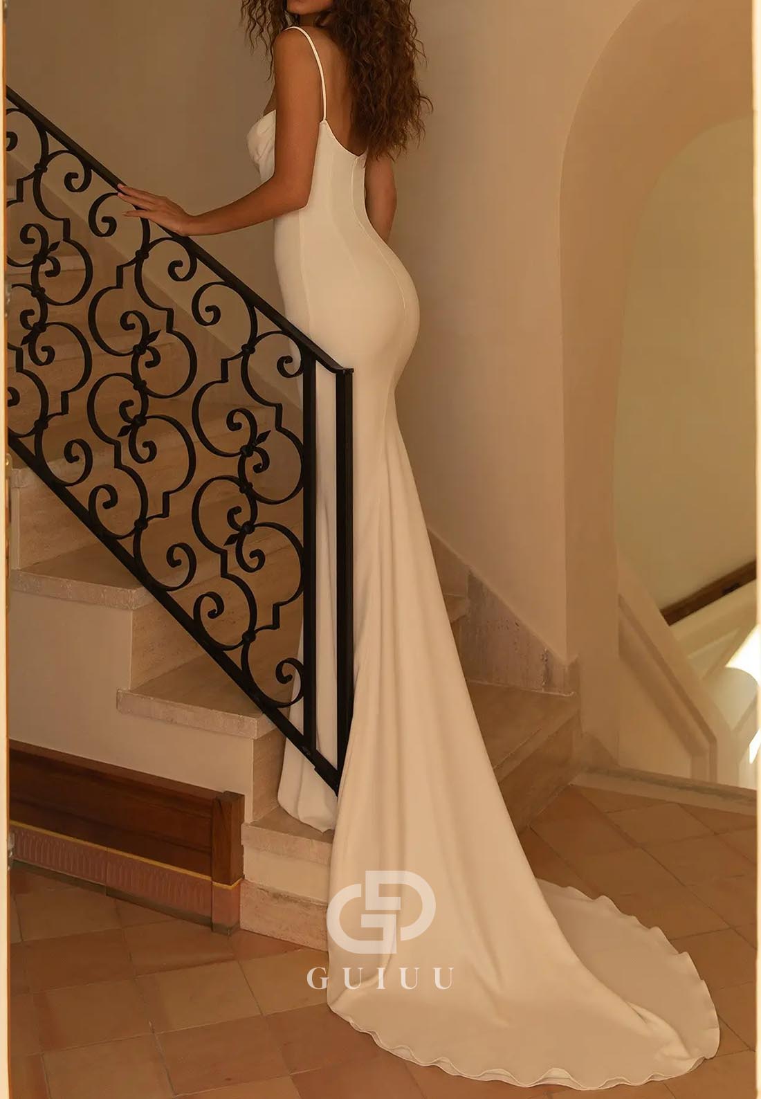 Simple Spaghetti Straps Sweetheart Ruched Mermaid Wedding Dress