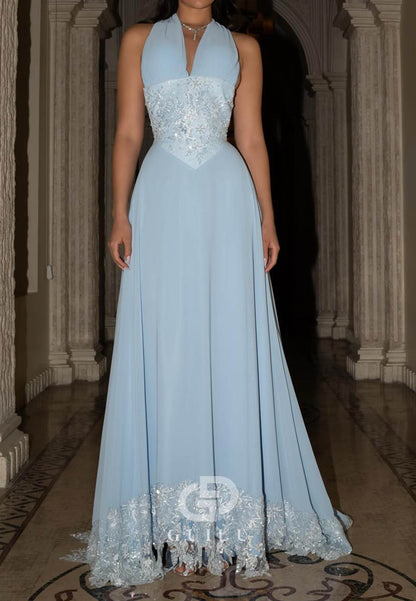 Sky Blue Halter Sleeveless Corset Backless  Prom Dress