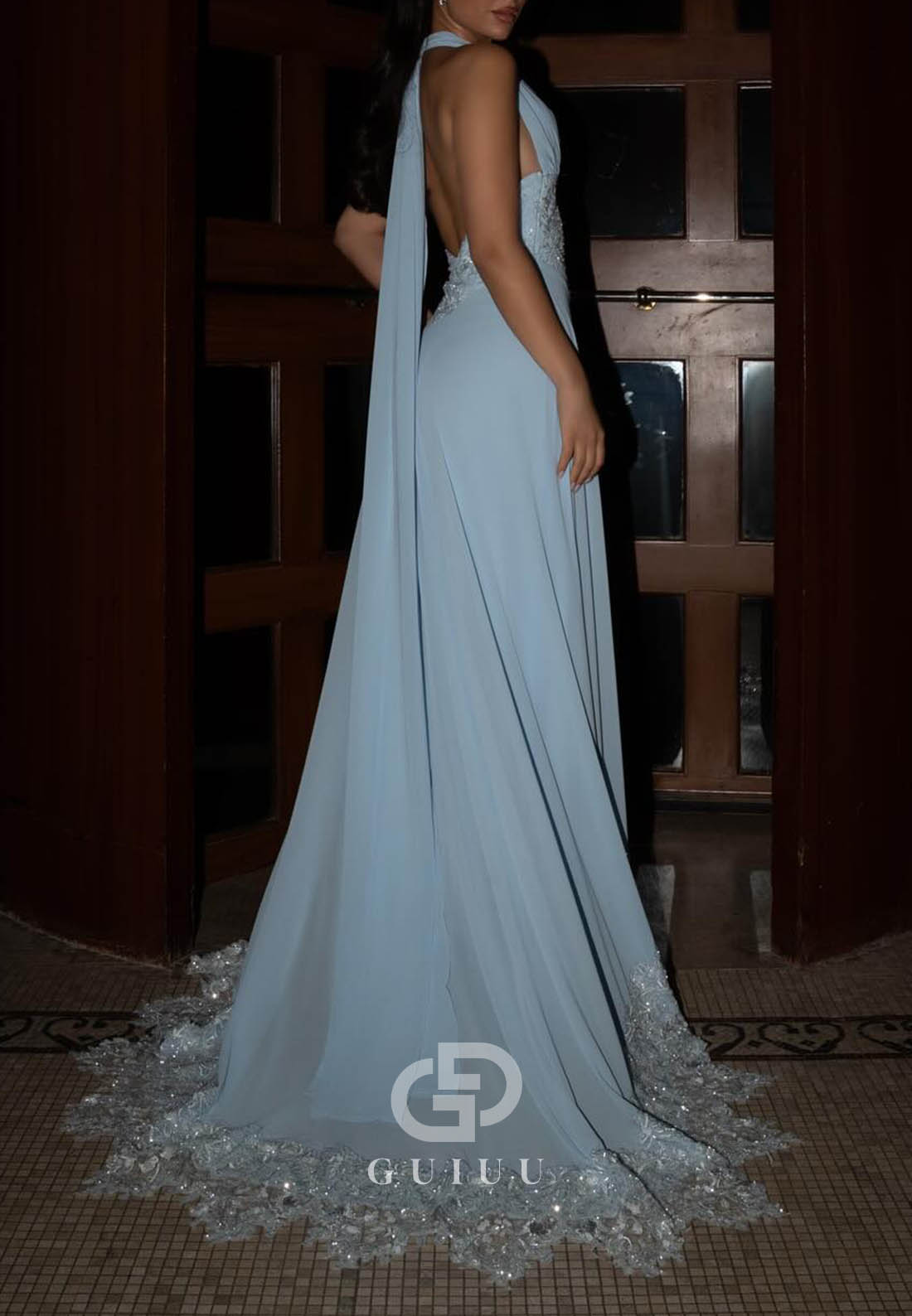 Sky Blue Halter Sleeveless Corset Backless  Prom Dress