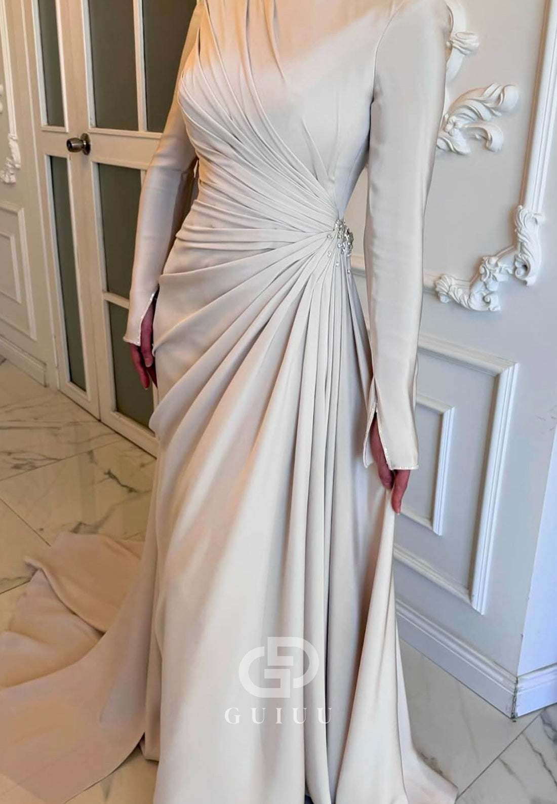 A-Line Long Sleeves Ruched Floor-Length Evening Dress